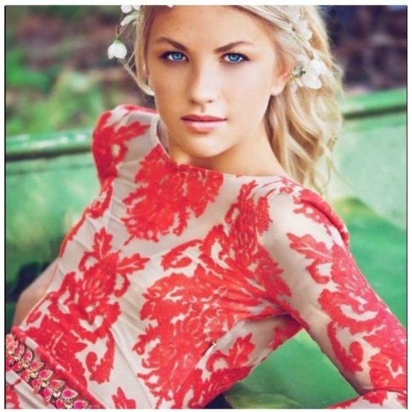 For Love and Lemons San Marcos Embroidered Lace Print Open Back Maxi Dress Red - Picture 6 of 10